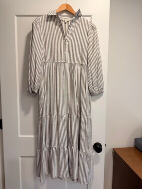 Max Studio White and Light Gray Striped Maxi Dress
